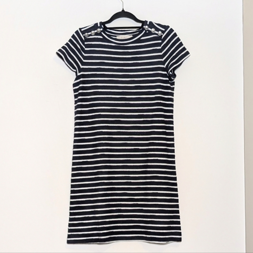 Loft Stripe Tee Shirt Dress Textured Nautical Button Dress‎ Small